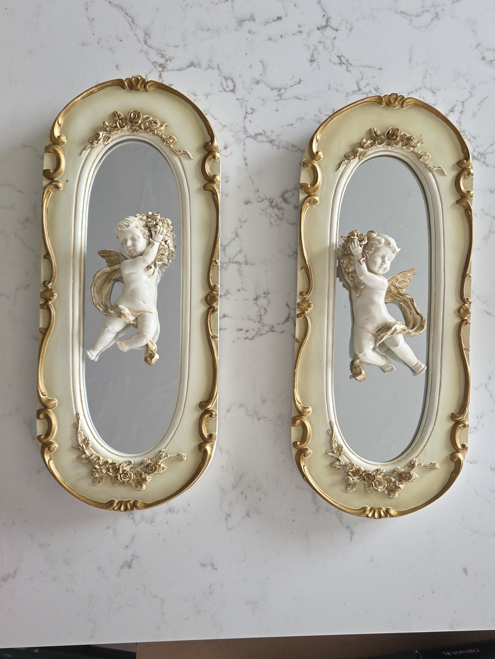 Vintage Gold Cherub Mirror Wall Plaques Set of 2 Rococo Decor
